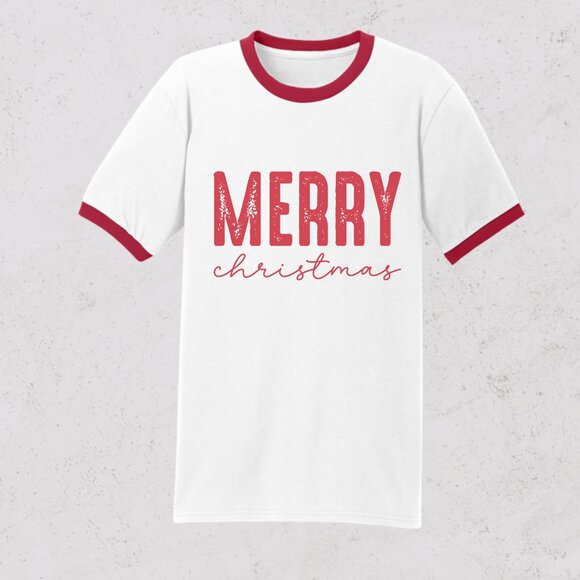 Merry Christmas Retro Graphic Tee Holiday Red and White Ringer T-Shirt - Picture 4 of 6